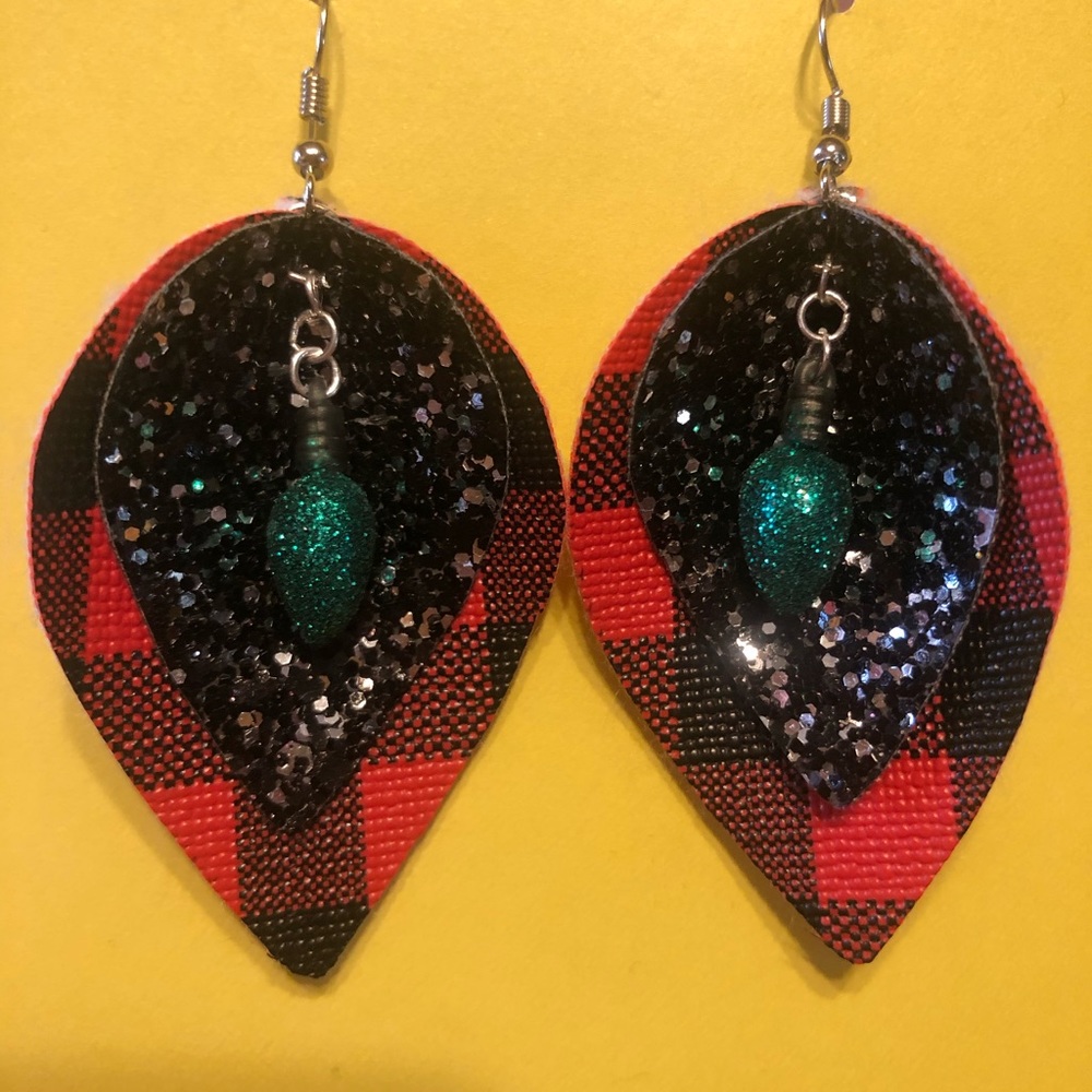 Layered leather earrings w/ Christmas light accent